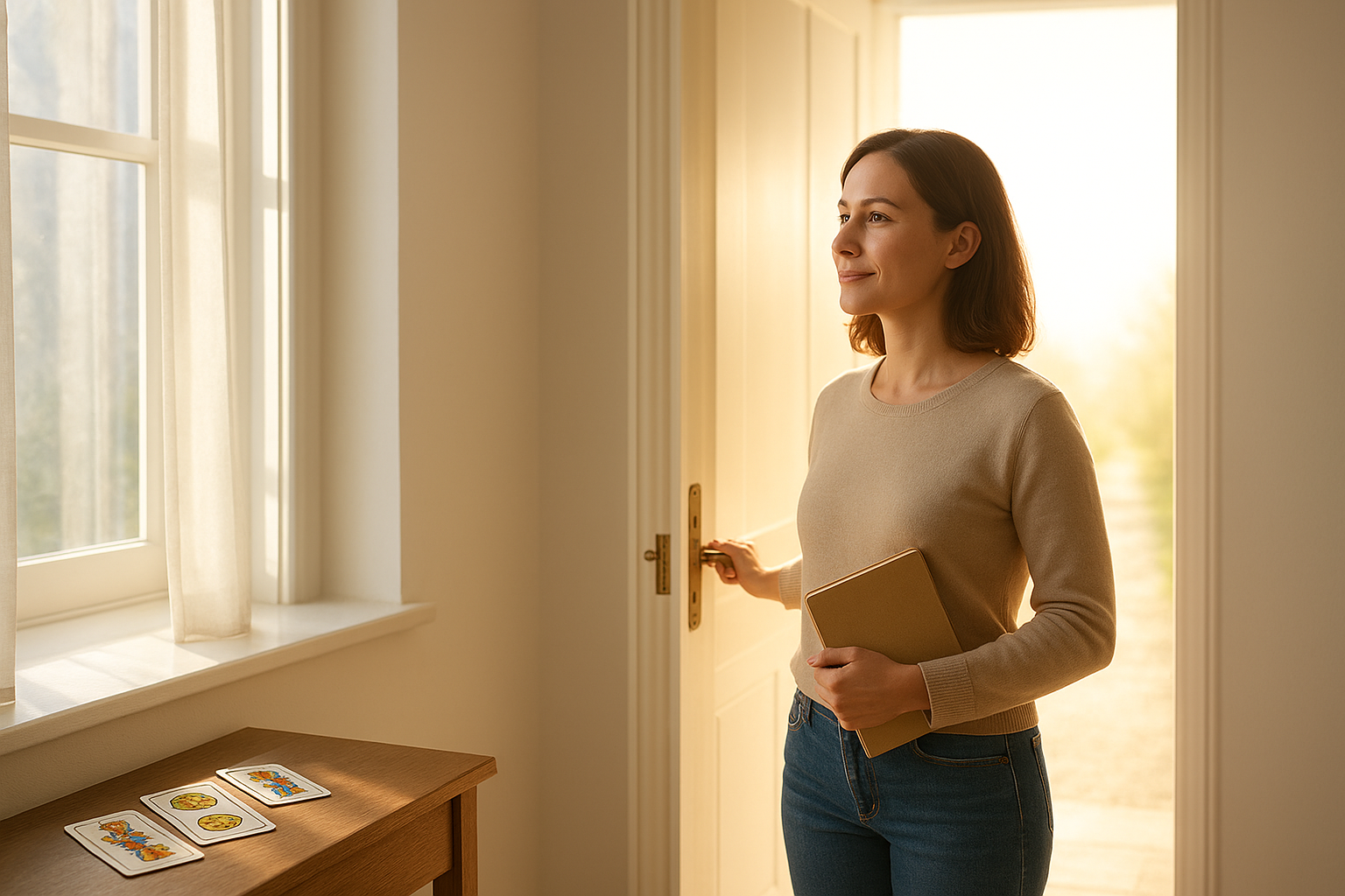 A woman opening a sunlit doorway and looking out toward a bright path; a few tarot cards and a notebook rest nearby on a windowsill.
