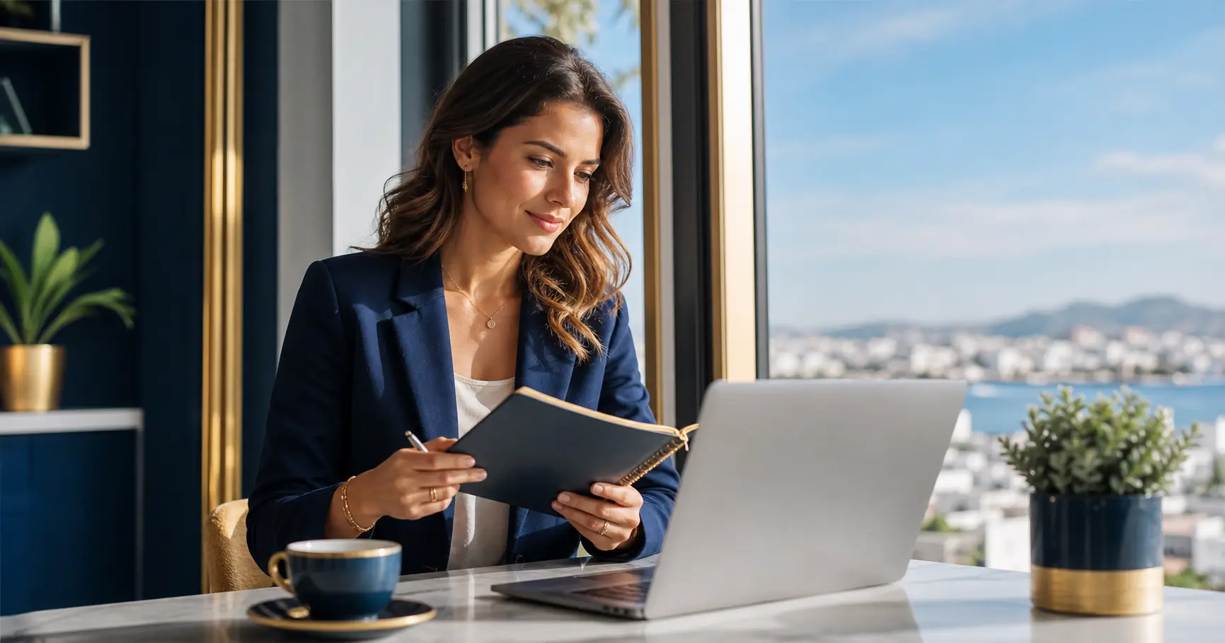 Professional woman searching for a job on a bright day with a laptop