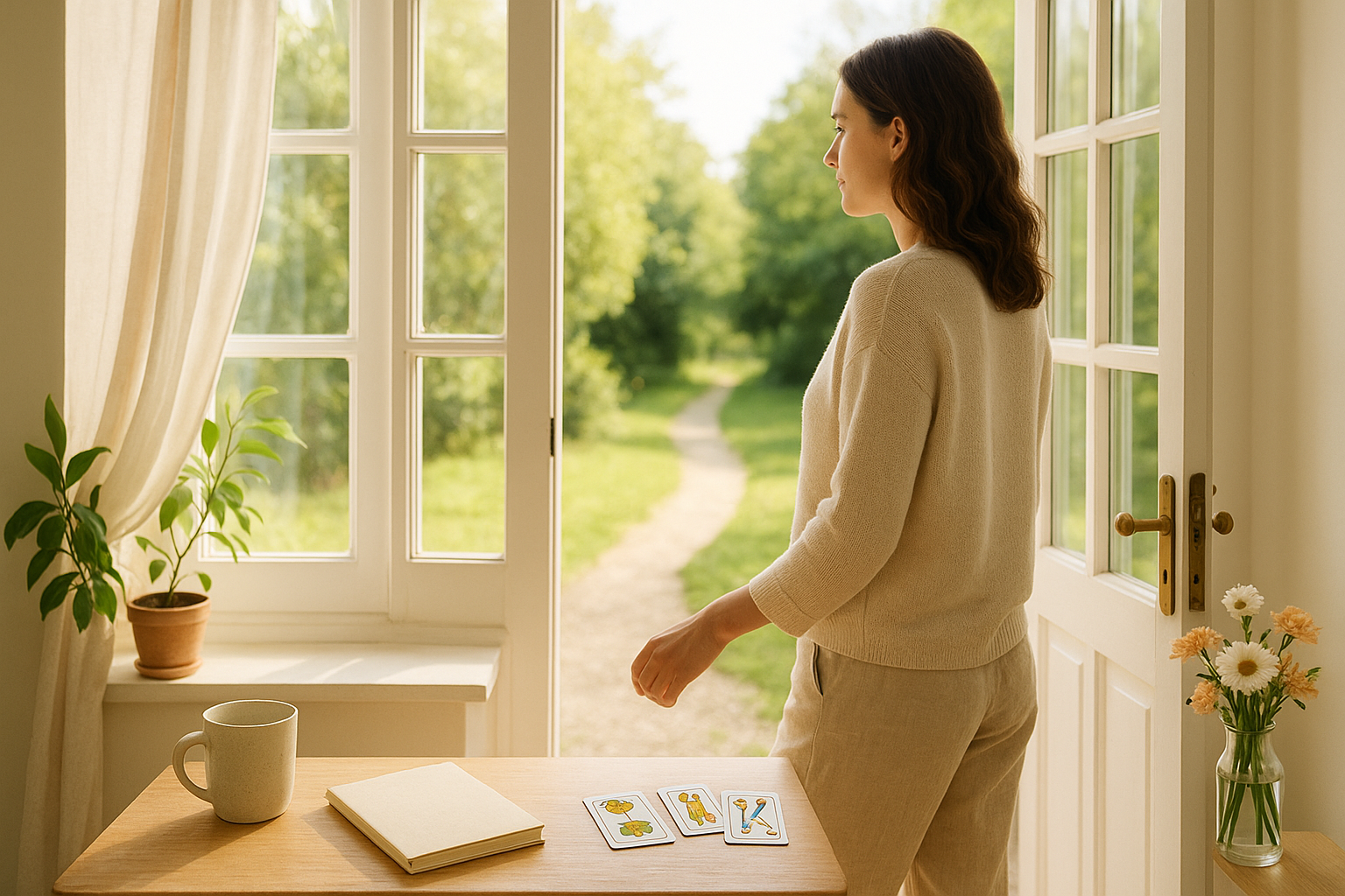 A woman opening a sunlit door and looking toward a bright path beyond, a tarot card deck and notebook visible on a nearby windowsill