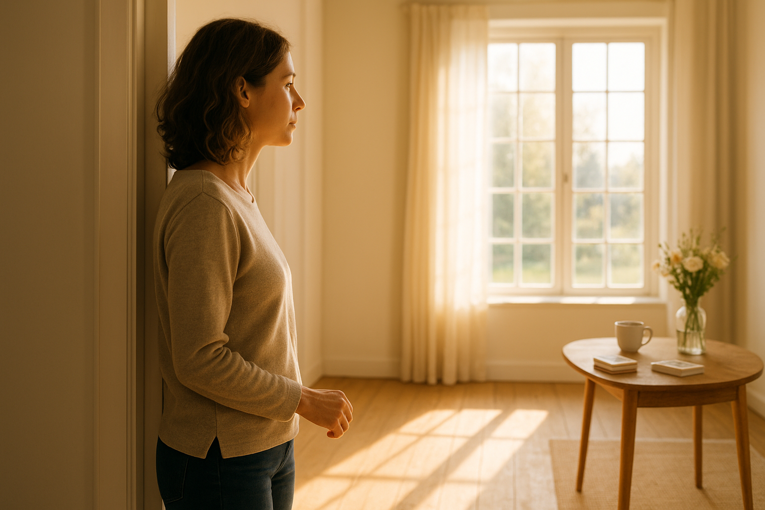 A woman in soft natural light opening a sunlit doorway, peering into a bright room with a distant table where a tarot deck and a small bouquet sit — a sense of decision, clarity, and gentle possibility.
