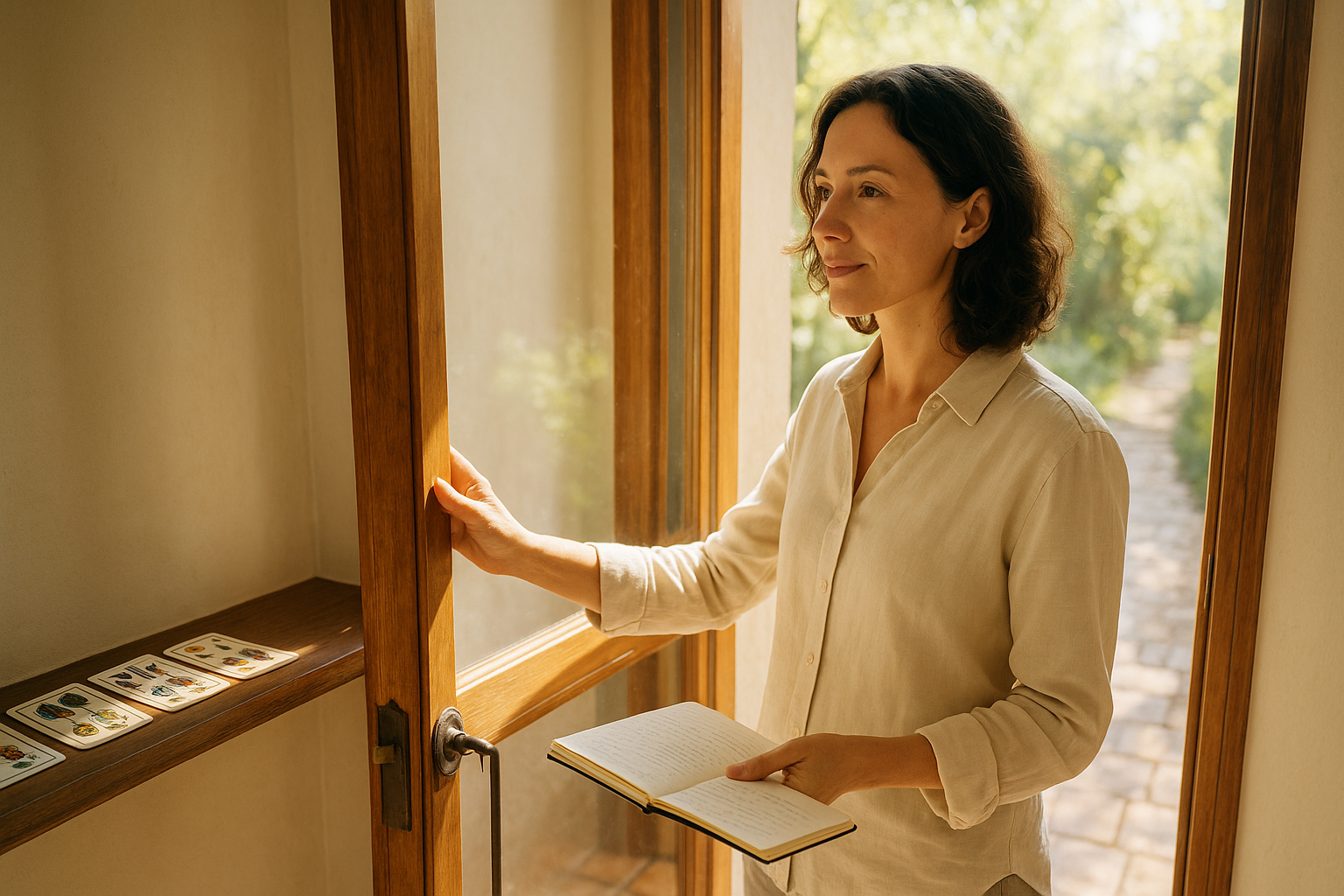 A sunlit doorway partly open to a bright path, a woman pausing at the threshold looking through a window toward a clear, luminous garden.