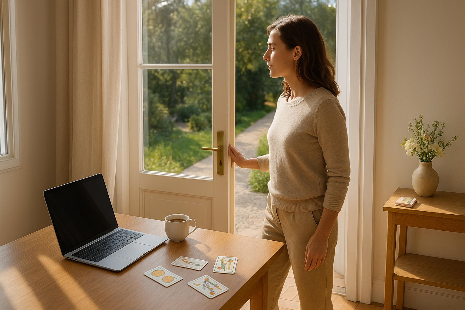 A sunlit doorway open to a bright path; a woman pauses at the threshold looking through a window toward a garden, with a small stack of tarot cards on a nearby shelf beside a vase of flowers.