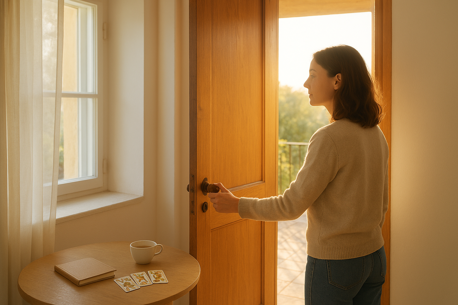 Adult woman opening a bright doorway toward a sunlit garden, a tarot deck and a journal on a nearby windowsill, natural light flooding the space.