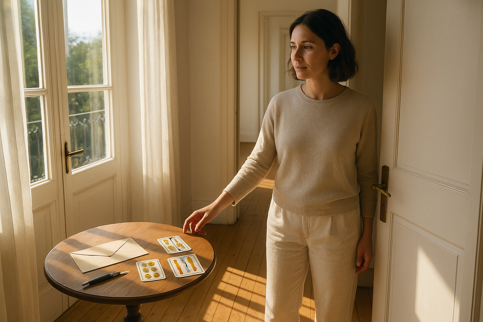 Adult woman opening a bright door into a sunlit room, with a window in the background and a Spanish deck of cards visible on a side table as part of a larger luminous scene.