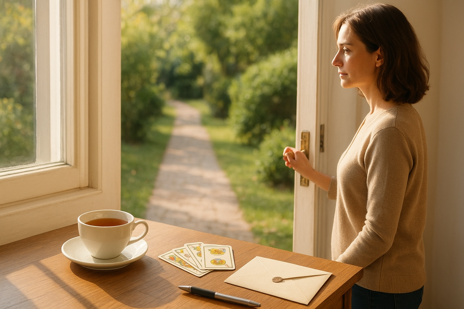 Woman opening a sunlit door and looking toward a bright, tree-lined path; tarot cards and a cup of tea sit softly on a nearby windowsill.