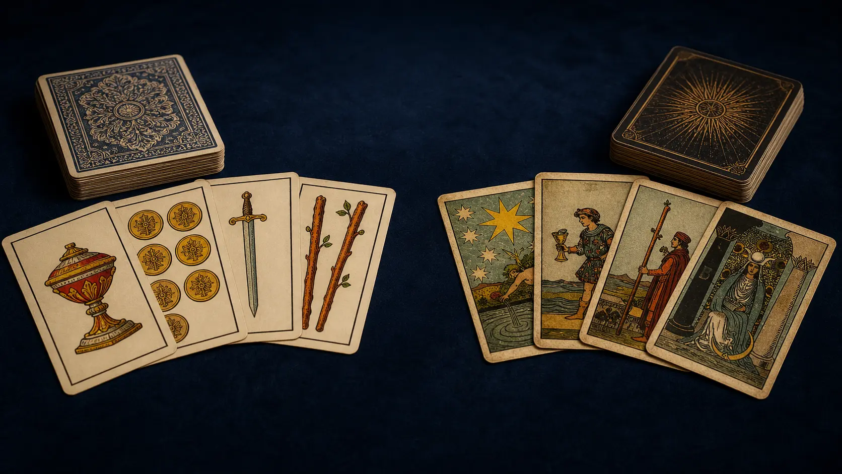 Spanish tarot cards and traditional tarot cards compared on a dark navy table