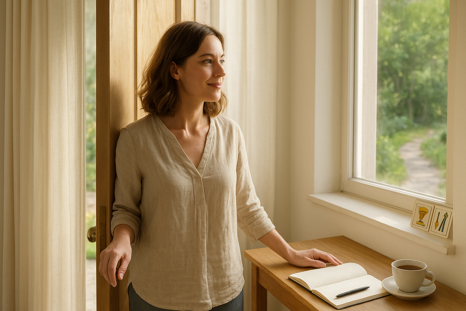 A bright, sunlit scene of an adult woman standing at a doorway slightly ajar, sunlight streaming across a calm interior; a window and a path visible through the garden beyond, suggesting openness and clarity.