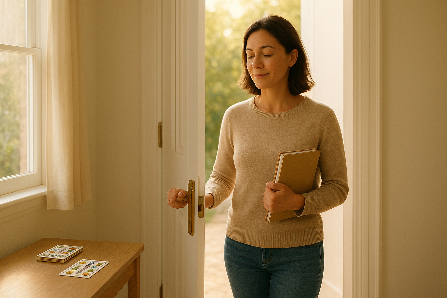 Adult woman opening a sunlit door and looking toward a bright path; a small stack of tarot cards rests on a nearby windowsill, natural light fills the room.