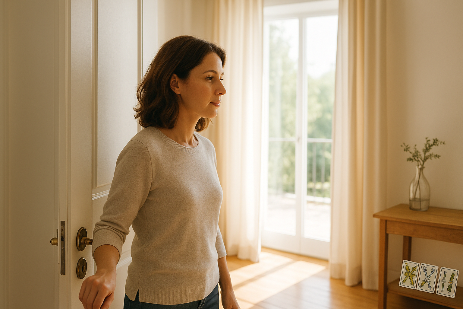Woman opening a sunlit doorway into a bright room with a window and a path beyond, a gentle scene of clarity and choice with subtle tarot cards visible on a nearby shelf.