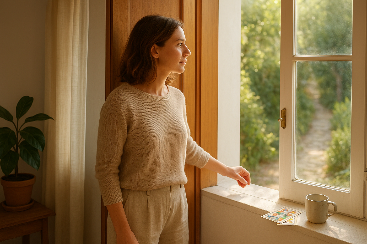 A luminous doorway slightly open to a sunlit path, an adult woman pauses at the threshold looking thoughtfully through a window at a bright garden beyond, with a few tarot cards resting nearby on a windowsill under natural light.