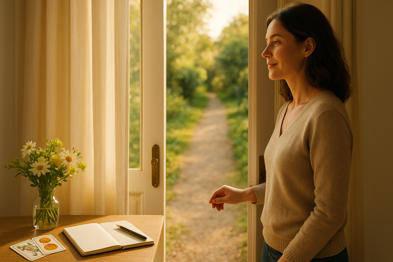 A sunlit doorway opening onto a bright garden path, an adult woman pausing at the threshold, looking forward with calm intent; tarot cards and a notebook lie nearby on a small side table.