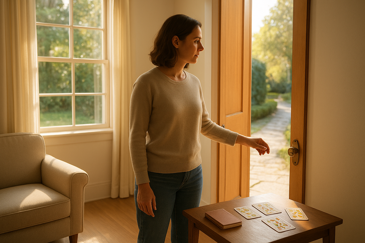 A sunlit doorway with an adult woman pausing at the threshold, a window beside her showing a bright path beyond; tarot cards lie unobtrusively on a side table while the space feels open, warm and hopeful.