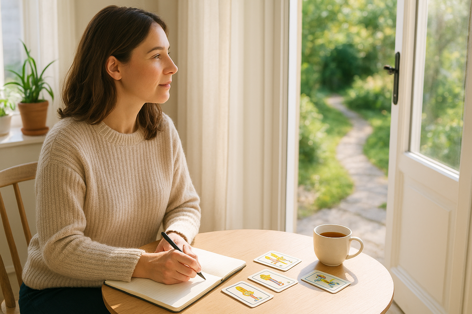 A woman opening a sunlit door and looking toward a bright garden path; a small side table nearby holds a simple tarot spread and a cup of tea, suggesting calm reflection.