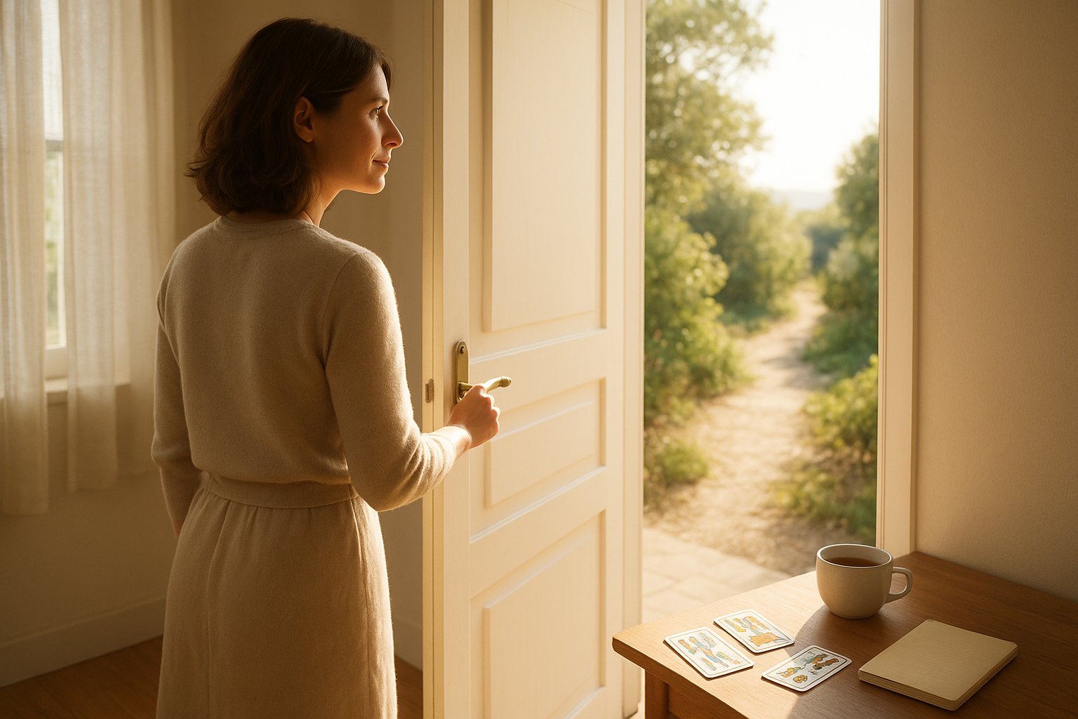 Sunlit scene of an adult woman opening a bright door and looking out toward a path with soft natural light; a small table nearby holds a few tarot cards and a cup of tea, suggesting clarity and quiet decision-making.