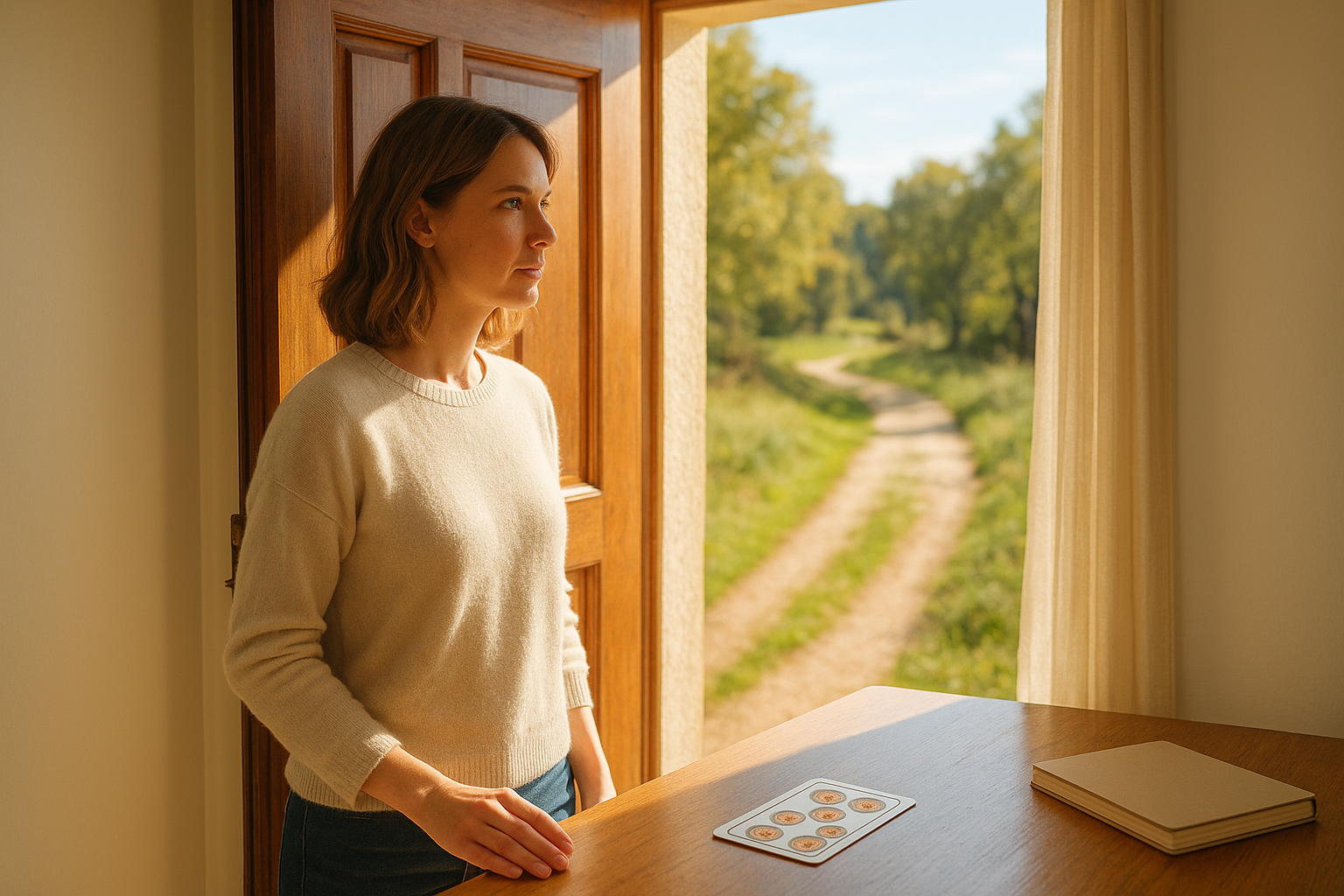 An adult woman opening a sunlit door into a bright room, a window showing a clear path outside and a small stack of tarot cards on a nearby table — a scene of calm clarity and option.