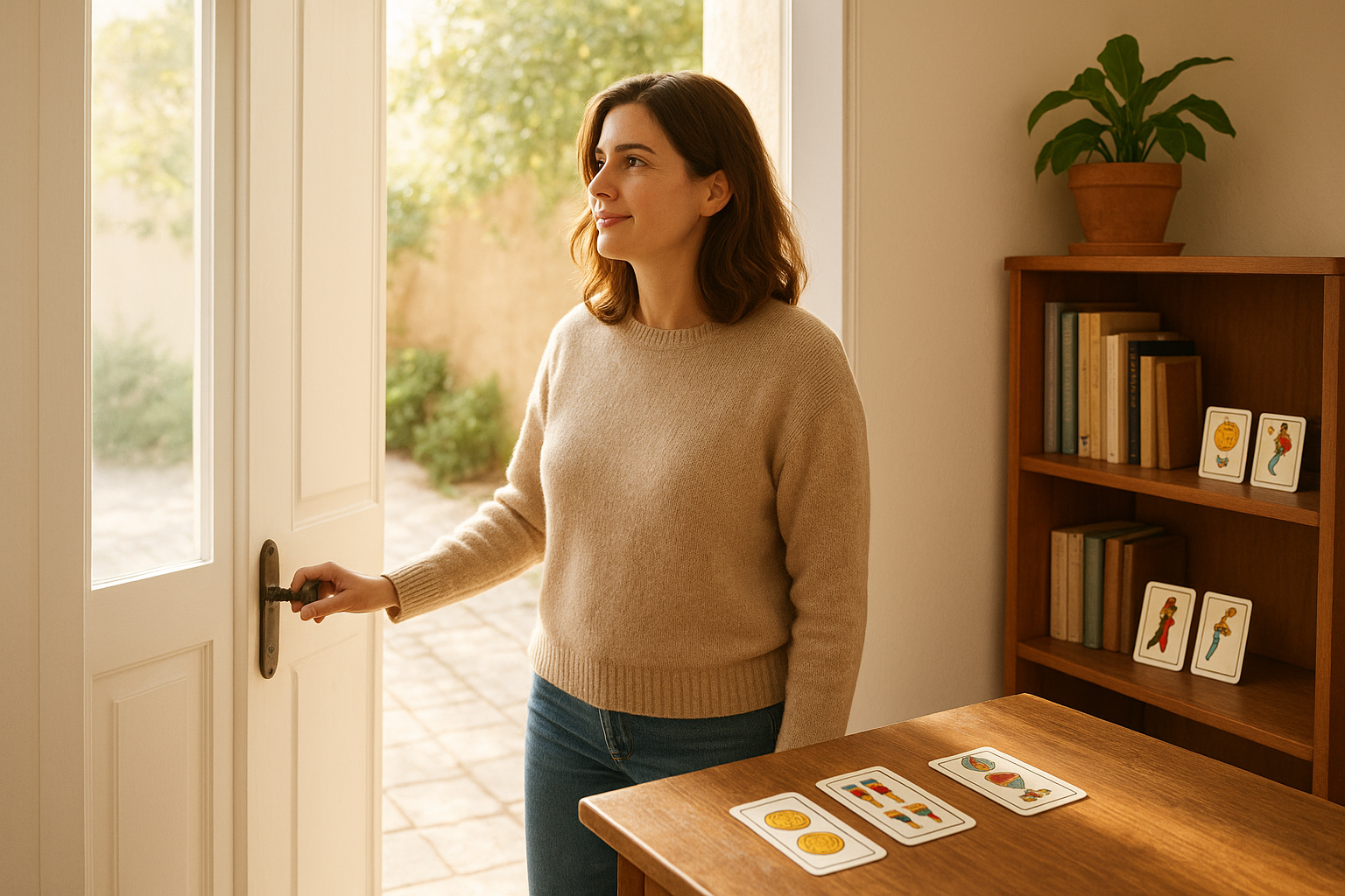 Woman opening a sunlit door and looking toward a bright path, with tarot cards visible on a nearby shelf and a window casting warm light into the room.