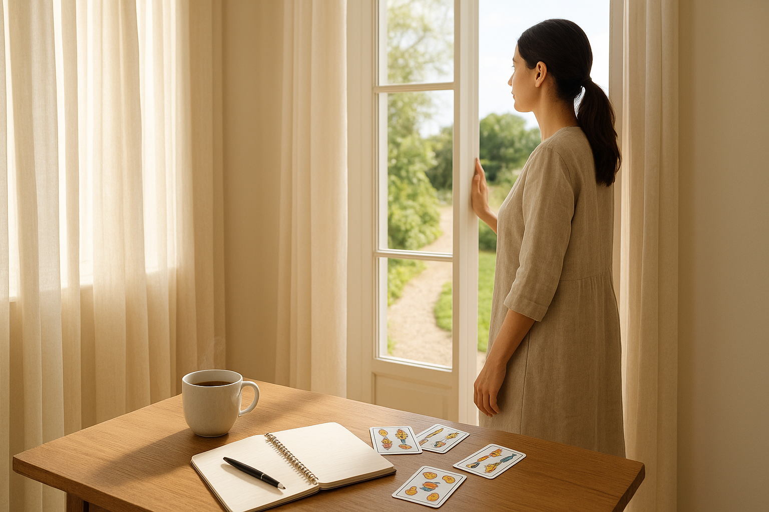 A sunlit doorway open to a bright path; a woman pauses at the threshold looking out through a window toward a garden and sky, with a few tarot cards and a notebook nearby on a small table.