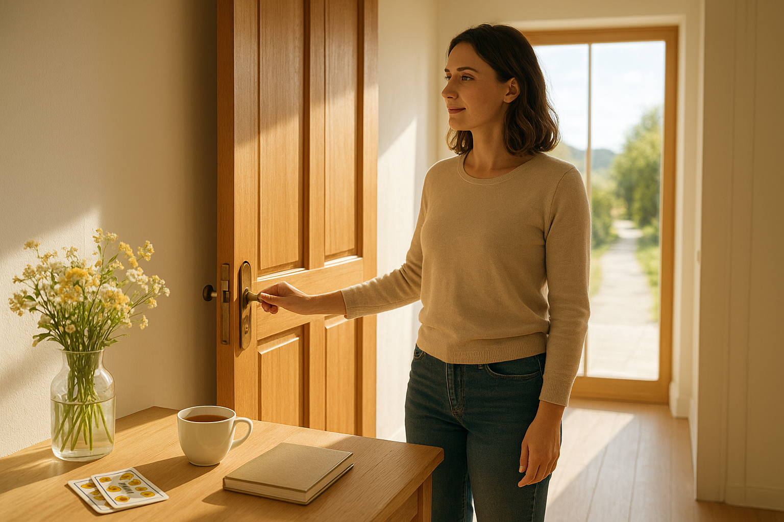 A sunlit doorway opened by an adult woman who pauses to look out through a bright window, tarot cards on a nearby chair beside a journal and cup of tea.