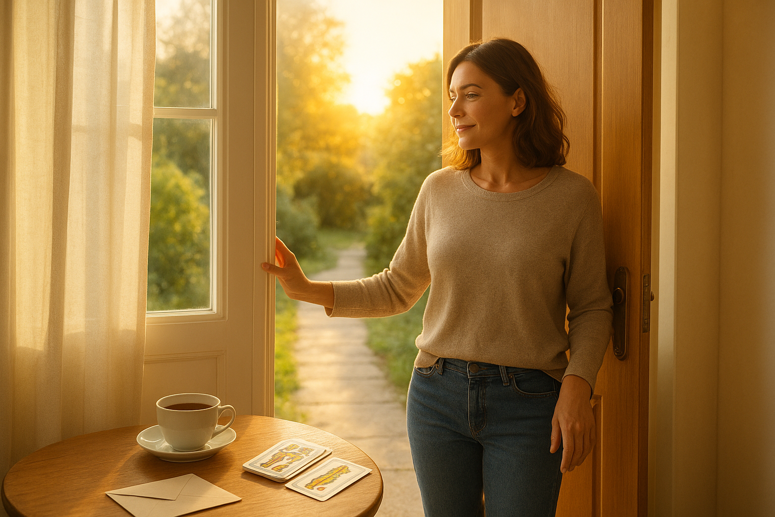 A sunlit interior with an adult woman gently opening a bright door to a garden path; soft natural light through a window, a small stack of tarot cards and a folded letter on a nearby table.