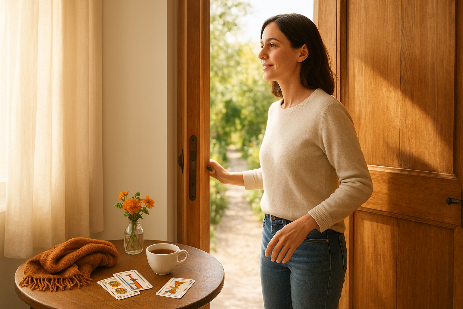 An adult woman opening a sunlit doorway onto a bright garden path; a small side table near the door holds a neatly folded scarf and a few tarot cards, suggesting calm reflection and new possibilities.