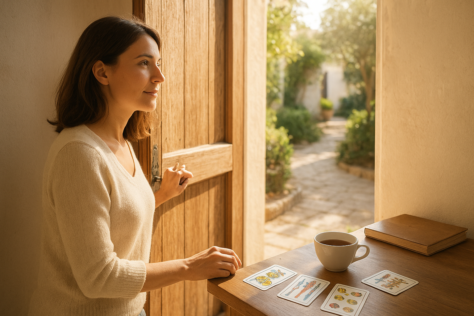 A woman opening a sunlit doorway and looking toward a bright path, with a few tarot cards and a small notebook nearby on a windowsill