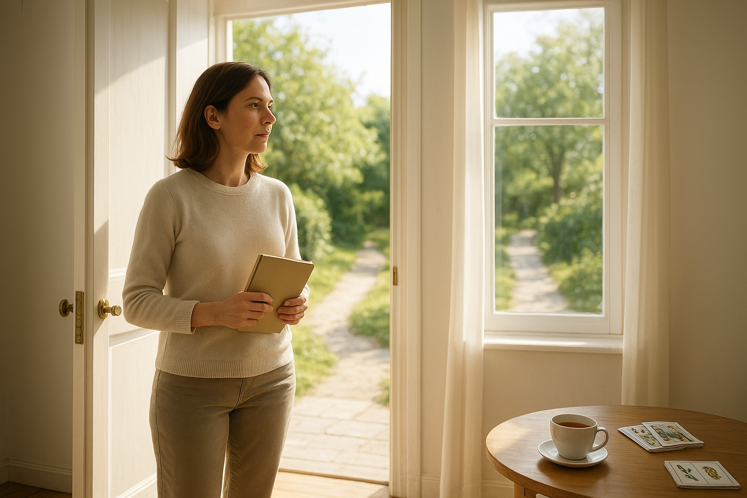 A sunlit doorway open to a bright garden; an adult woman pauses at the threshold, looking through a window with soft natural light, a small stack of tarot cards visible on a nearby table but not central to the scene.