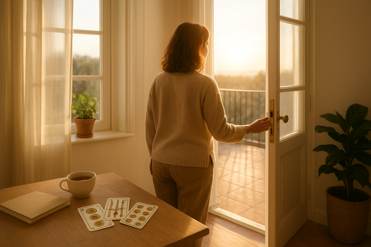 Woman opening a sunlit doorway, looking toward a bright path with a small table and tarot cards softly visible in the background