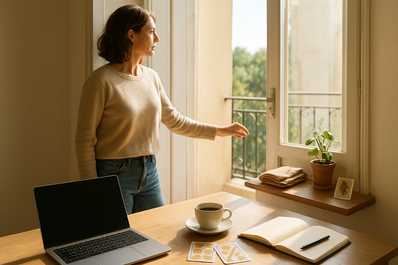 A sunlit doorway slightly open with an adult woman pausing at the threshold and looking into a bright, airy room; soft cards and a small journal visible on a distant windowsill.