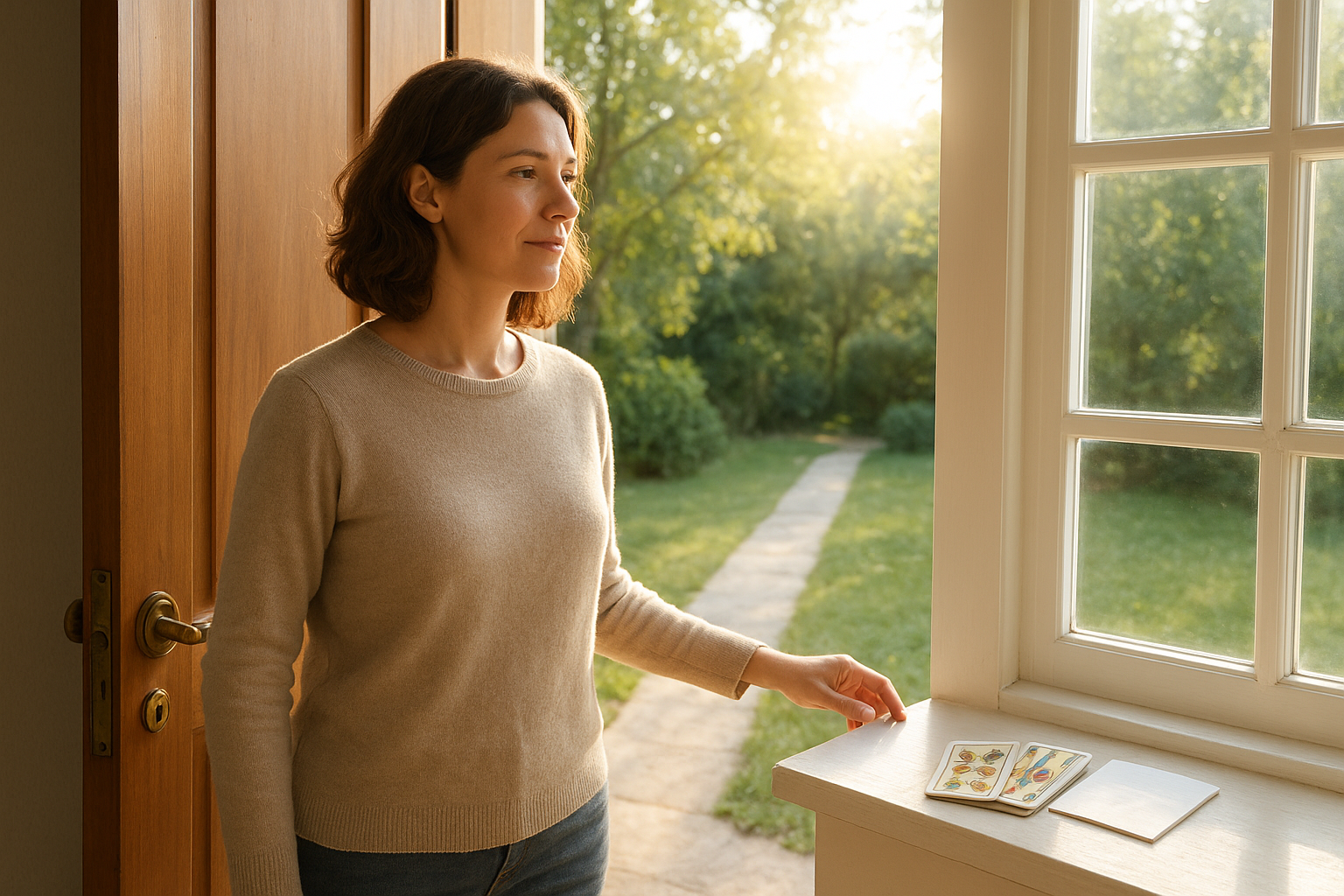 Woman opening a bright doorway into a sunlit room, a small stack of tarot cards on a nearby windowsill, light streaming across a simple path
