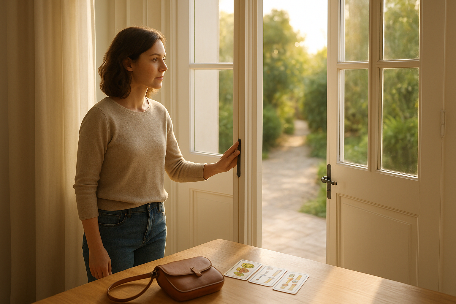 A bright, sunlit hallway with an adult woman gently opening a door to a garden; a tarot card peeks from her bag as she looks thoughtfully toward a path and a window that lets in warm natural light.