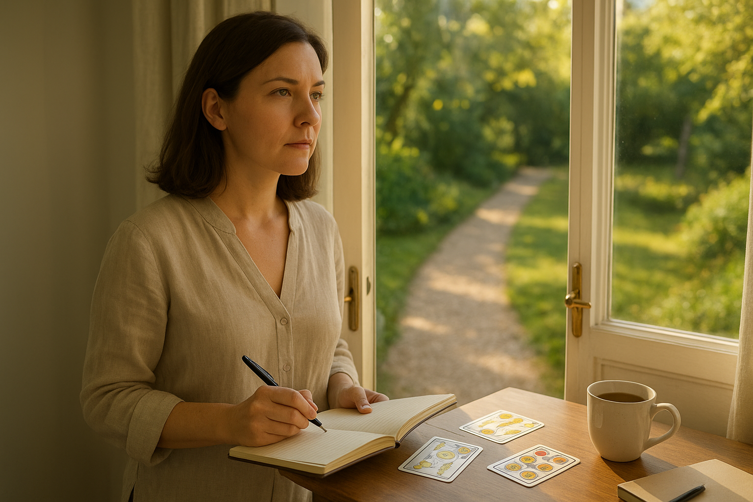 A sunlit doorway opening to a bright garden; an adult woman stands in the threshold looking forward with a small stack of tarot cards and a notebook on a nearby windowsill.