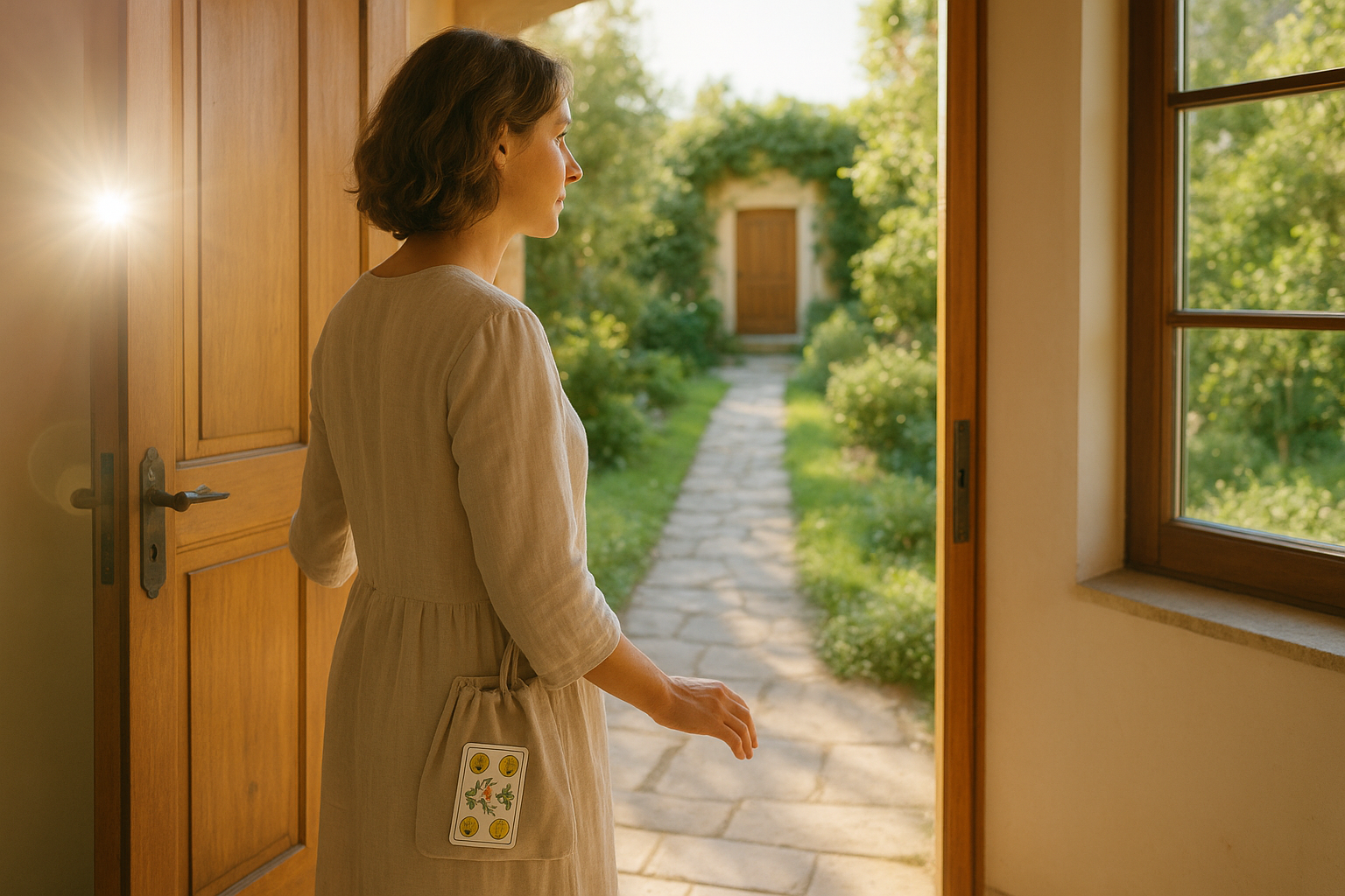 Woman opening a sunlit door onto a bright garden path, a Spanish tarot deck tucked into her bag, suggesting a gentle new beginning.
