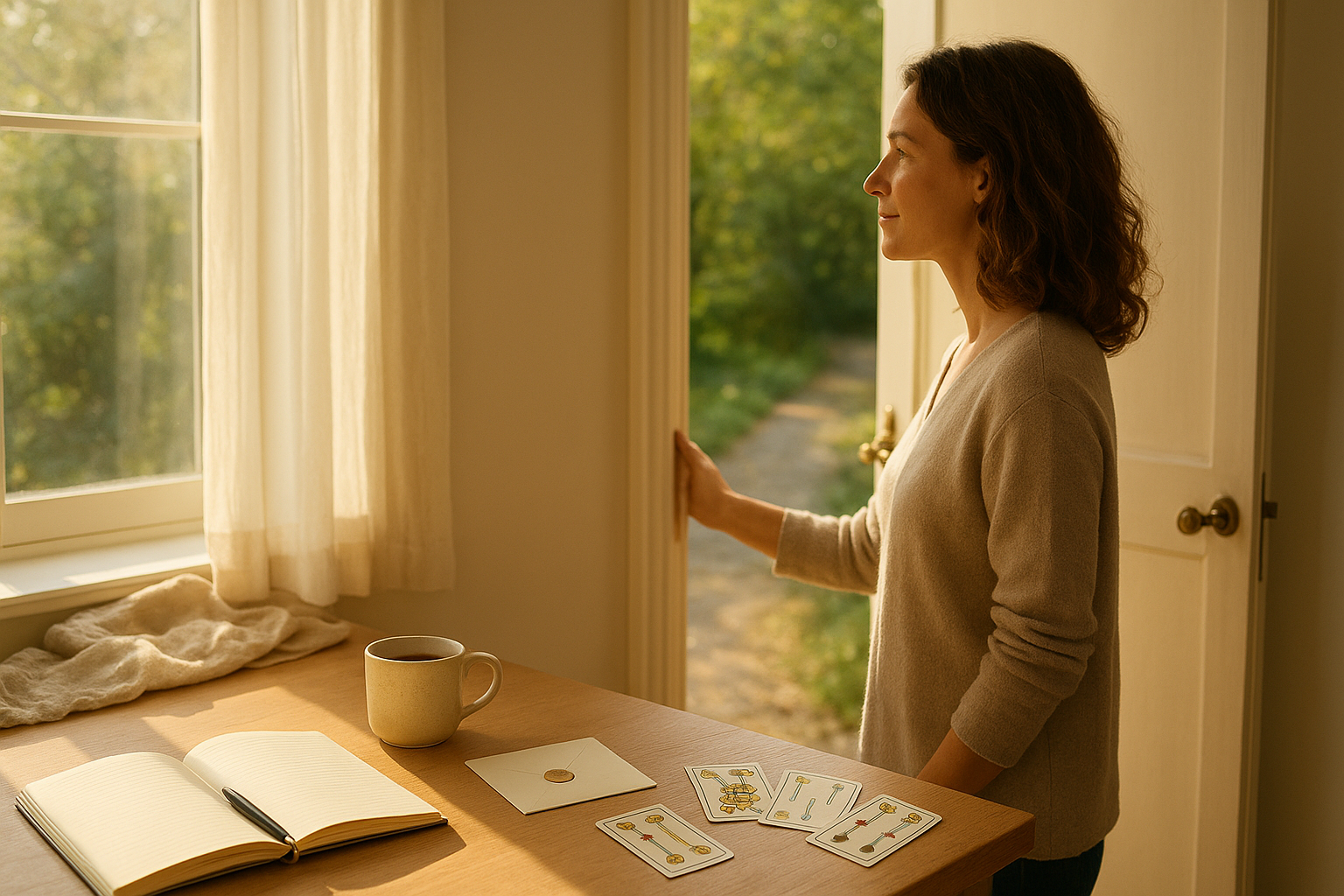 A sunlit doorway with an adult woman pausing at the threshold, looking toward a bright path; nearby a small stack of tarot cards and a cup of tea sit on a windowsill, suggesting clarity and calm.