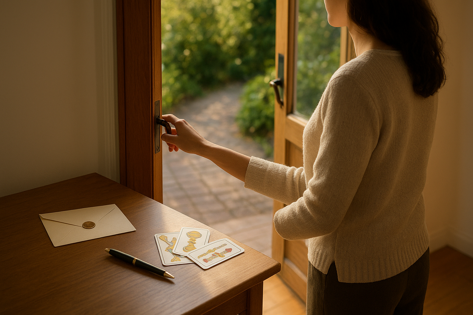 A woman opening a sunlit door onto a bright garden path, a small shelf nearby holding a few tarot cards and a journal in soft morning light.