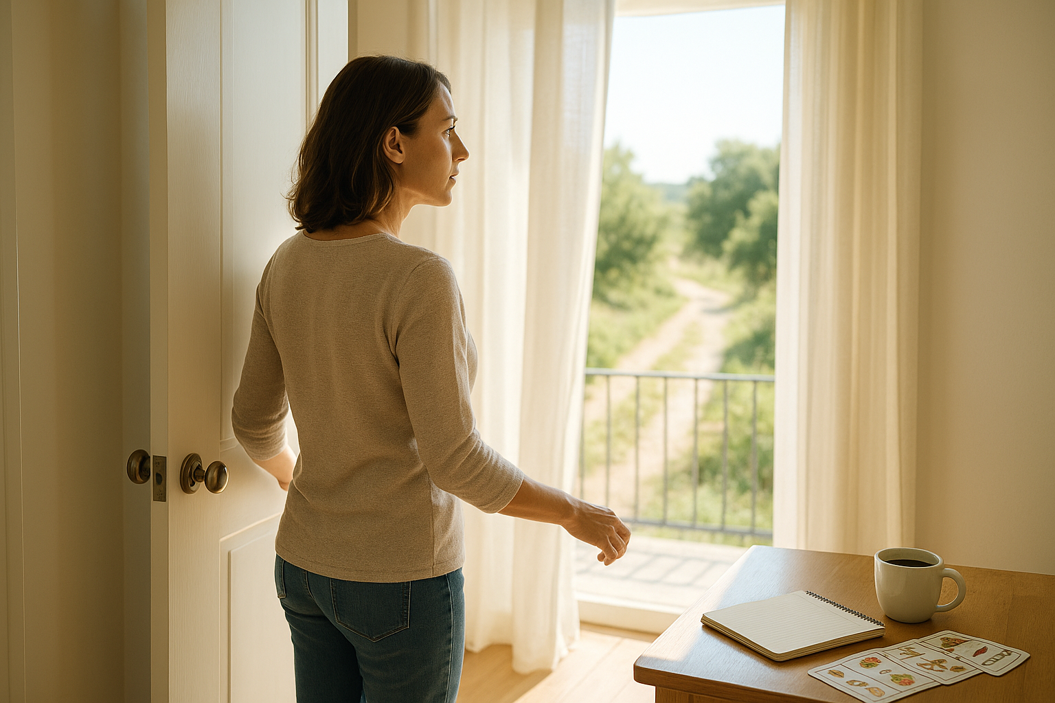 A bright sunlit doorway with an adult woman pausing at the threshold, looking out through a glass window toward a clear path and open sky.