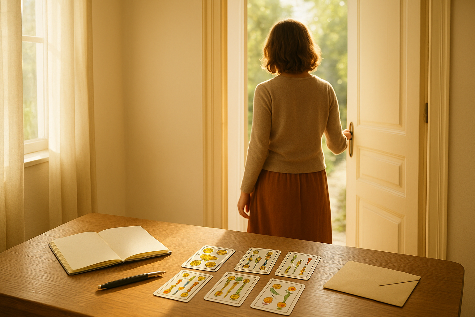 A woman opening a sunlit door and looking toward a bright path; a small notebook and a spread of tarot cards rest on a nearby windowsill in soft natural light.
