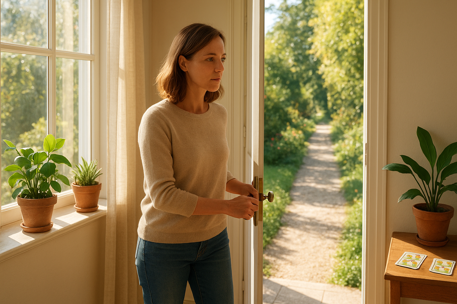 Young woman opening a sunlit door into a bright garden path, a window with soft light and a small stack of tarot cards on a nearby shelf in the room, evoking clarity and choice.