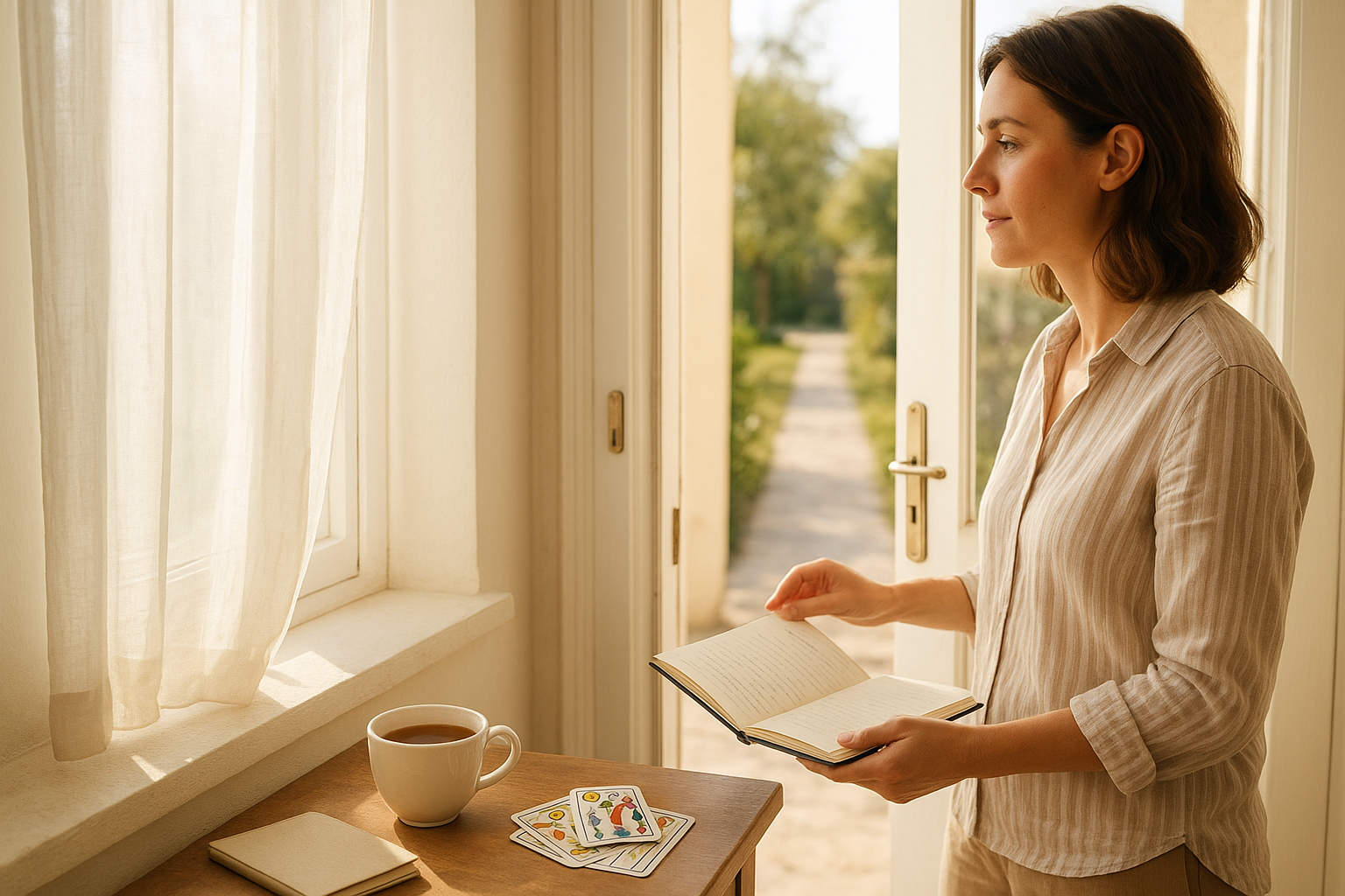 A sunlit doorway opened by an adult woman, a bright path and window visible beyond; a softly placed tarot deck sits nearby on a windowsill as she looks toward the light.
