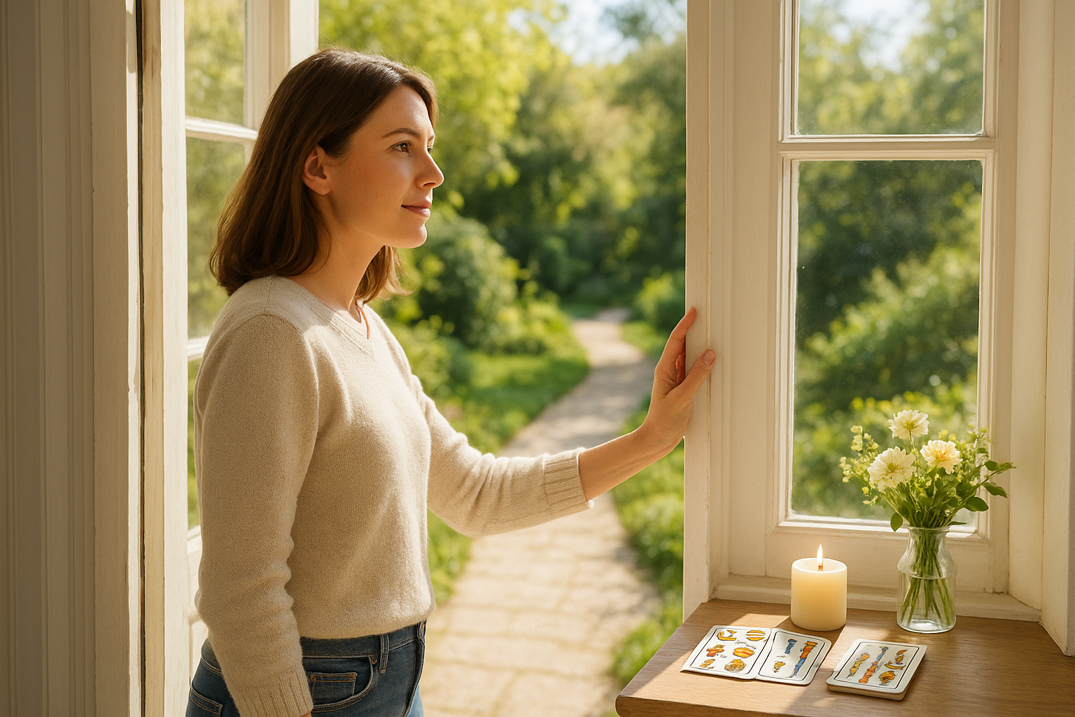 Sunlit doorway leading to a bright garden path; a woman pauses at the threshold looking toward the light while a small stack of tarot cards sits on a nearby windowsill, suggesting clarity and possibility.
