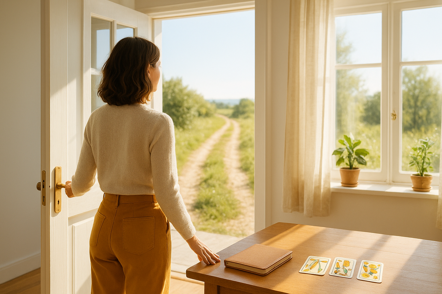 An adult woman standing in a sunlit doorway, looking out toward a bright path and open window, with a small stack of tarot cards and a journal on a nearby table—a scene of gentle reflection and clarity.