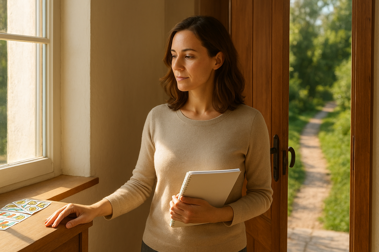 A woman standing in a sunlit doorway, looking toward a bright path; tarot cards are visible on a nearby windowsill as part of a calm, airy scene.