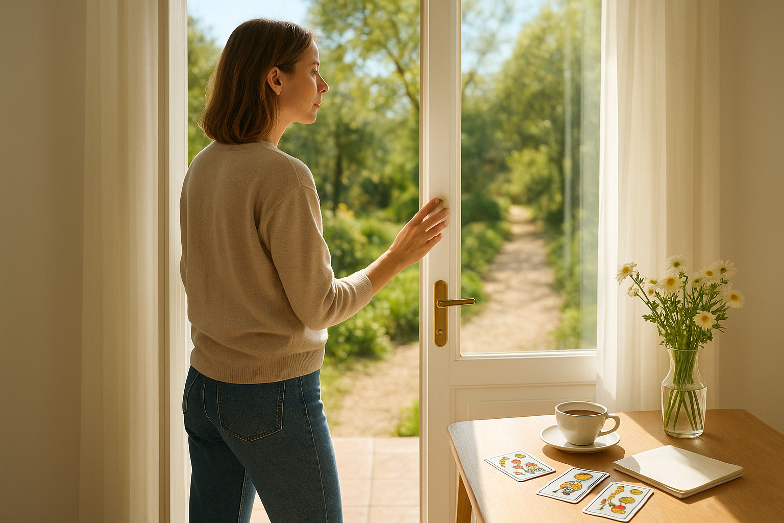 Sunlit doorway with an adult woman pausing at the threshold, looking toward a bright garden path; tarot cards and a notebook lie nearby on a small table beside the door