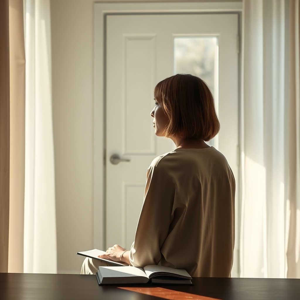 A person sitting by a window, looking at a notebook with a thoughtful expression